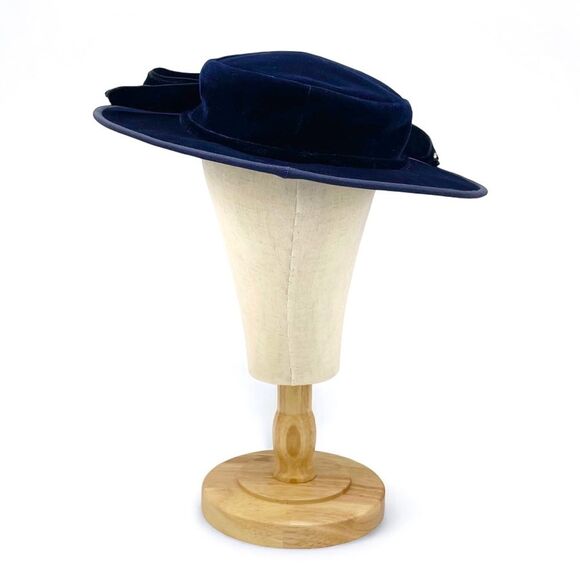 Vintage Makoff Salt Lake City Navy Blue Velvet Hat 22 1/2 Wide Brim Ribbon Bow - Picture 3 of 15